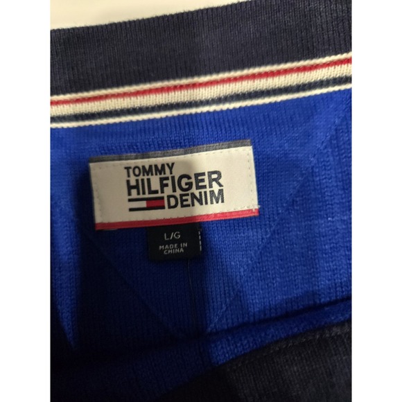 Tommy Hilfiger Denim Men's Ribbed Knit Sweater Blue Logo Tape Sleeves Size L - Picture 5 of 6